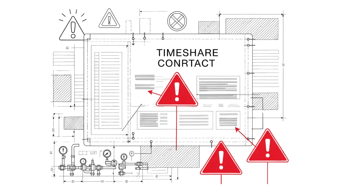 Schematic of a timeshare contract with warning signs and red flags